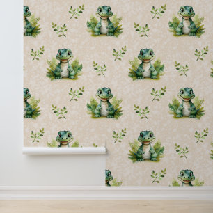 Safari Animals Baby Alligator Greenery on Cream Behang
