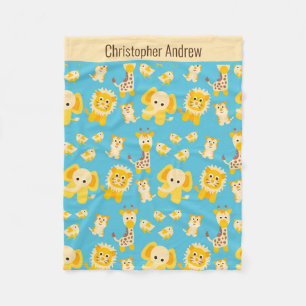 Safari Animals Baby Blue Yellow Oerwoud Fleece Deken