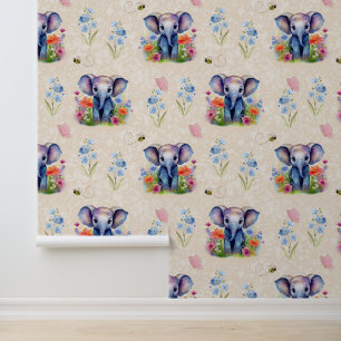 Safari Animals Baby Elephant Floral op Cream Behang