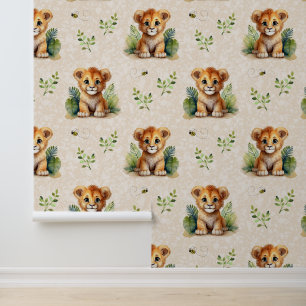 Safari Animals Baby Lion Cub Greenery op Cream Behang