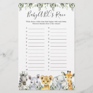 Safari Animals Baby shower ABC's Race Game