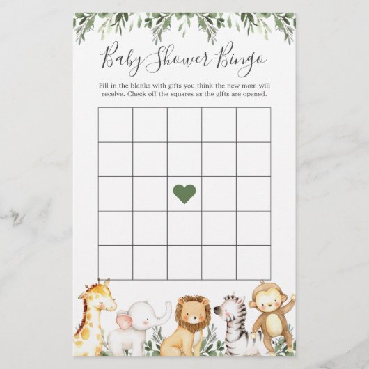 Safari Animals Baby shower Bingo Game (Voorkant)