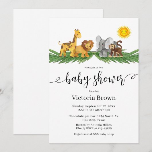 Safari Animals Baby Shower Invitation (Devant / Derrière)