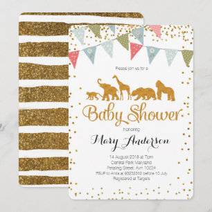 Safari Animals Baby shower Invitation Gold Glitter Kaart