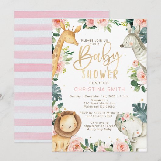 Safari Animals Baby Shower Invitations for Girls Kaart (Voorkant / Achterkant)