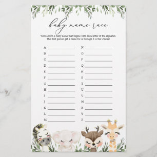 Safari Animals Baby shower Naam Race Game