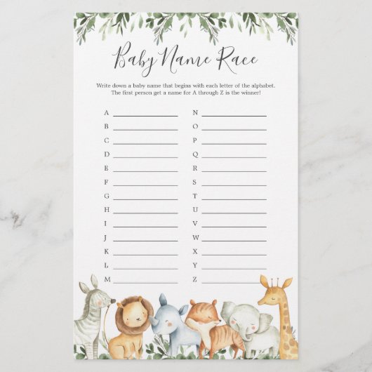 Safari Animals Baby shower Naam Race Game (Voorkant)