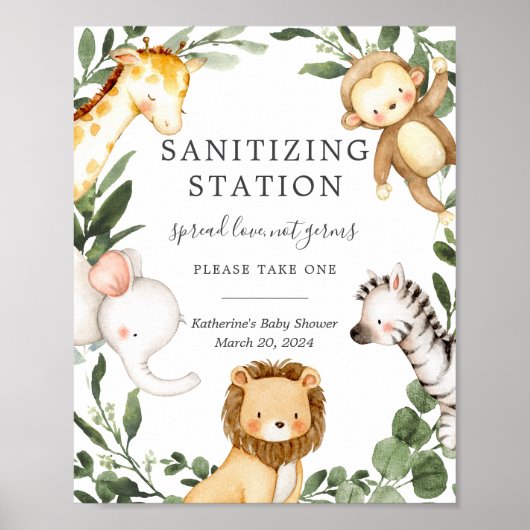 Safari Animals Baby shower Sanitizing Station Sign Poster (Voorkant)