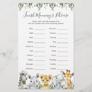 Safari Animals Baby shower Voltooi de zin van mama