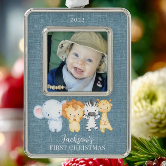Safari Animals Baby's eerste kerstfoto Verzilverd Kader Ornament