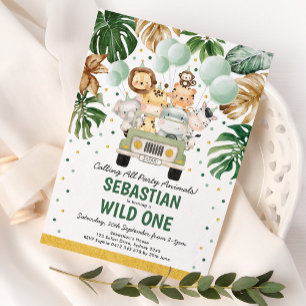 Safari Animals Balloons Wild One Birthday Party Folie Uitnodiging
