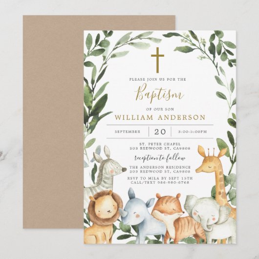 Safari Animals Baptism/Christening Invitation Kaart (Voorkant / Achterkant)