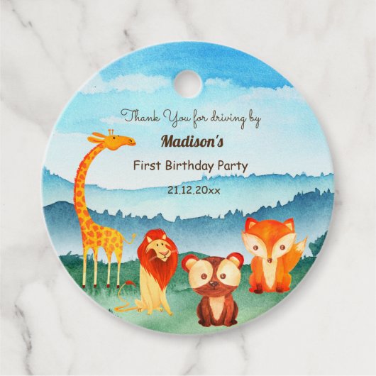 Safari Animals Birthday Party Blue Bedankjes Labels (Voorkant)