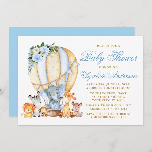 Safari Animals Blue Floral Air Ballon Baby shower Kaart (Voorkant / Achterkant)