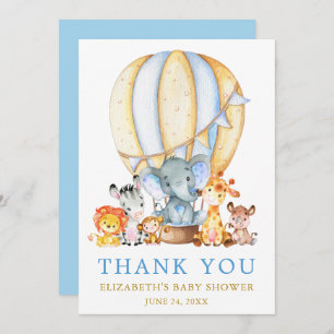 Safari Animals Blue Hot Air Ballon Baby shower Bedankkaart