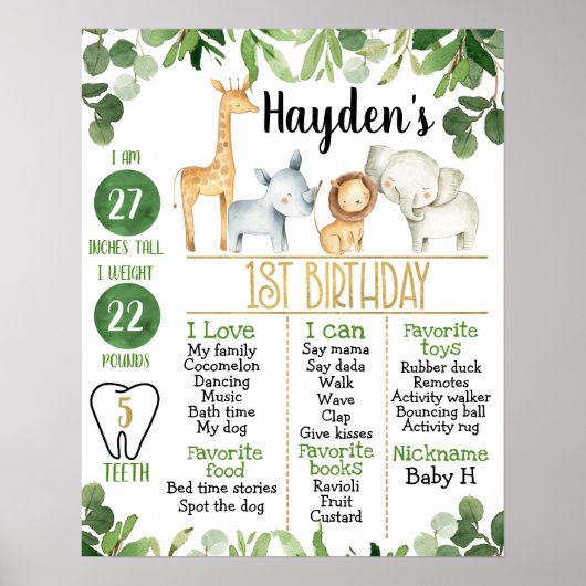 Safari Animals Foilage 1st Birthday Milestone Poster (Voorkant)