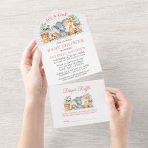Safari Animals Girl Roze Baby shower en Raffle All In One Uitnodiging