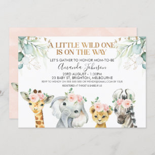 Safari Animals Gold Foliage Baby shower Invitation Kaart