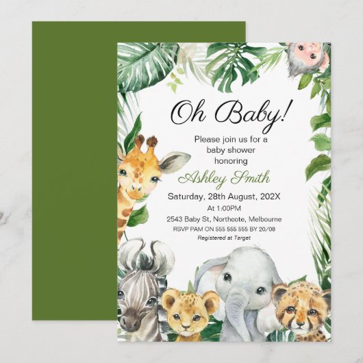 Safari Animals Greenery Baby shower Invitation Kaart (Voorkant / Achterkant)