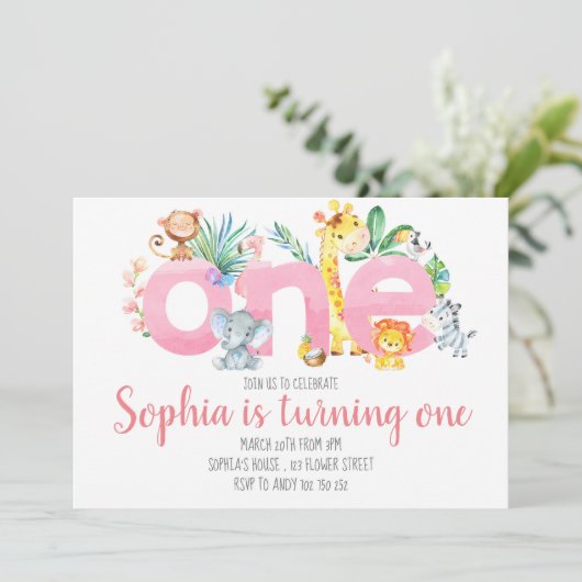 Safari Animals Oerwoud Roze Meisje 1e verjaardag Kaart (Staand voorkant)