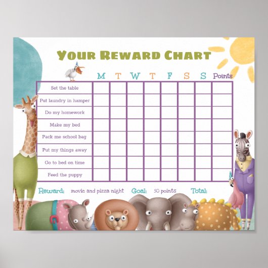 Safari Animals Reward Chore Chart Poster (Voorkant)