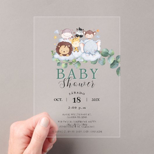 Safari Animals Spaans Baby shower Oerwoud Acryl Uitnodigingen (Insitu (Draagbaar))