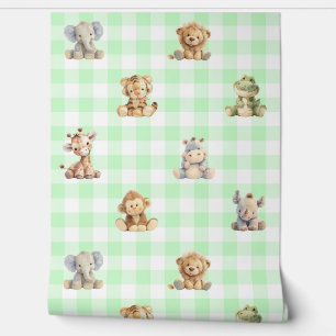 Safari Animals Toys Green Plaid Baby Nursery Behang