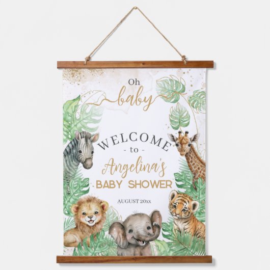 Safari animals Tropical greenery Baby shower Hangend Wandkleed (Voorkant)