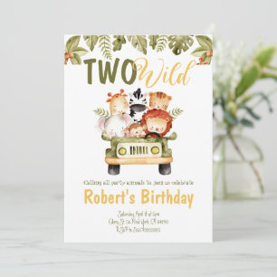 Safari animals truck Two Wild Birthday Invitation Kaart