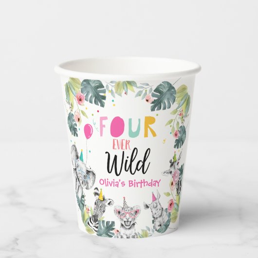 Safari Animals Vier keer Wild Birthday Pink Girl Papieren Bekers (Voorkant)