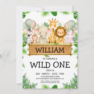 Safari Animals Wild One Birthday FOTO-uitnodiging Kaart