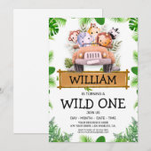 Safari Animals Wild One Birthday Invitation Kaart (Voorkant / Achterkant)