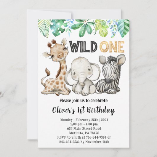 Safari Animals Wild One Birthday Party Invitation Kaart (Voorkant)