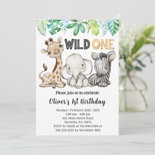 Safari Animals Wild One Birthday Party Invitation Kaart (Staand voorkant)