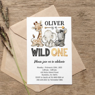 Safari Animals Wild One Birthday Party Invitation Kaart