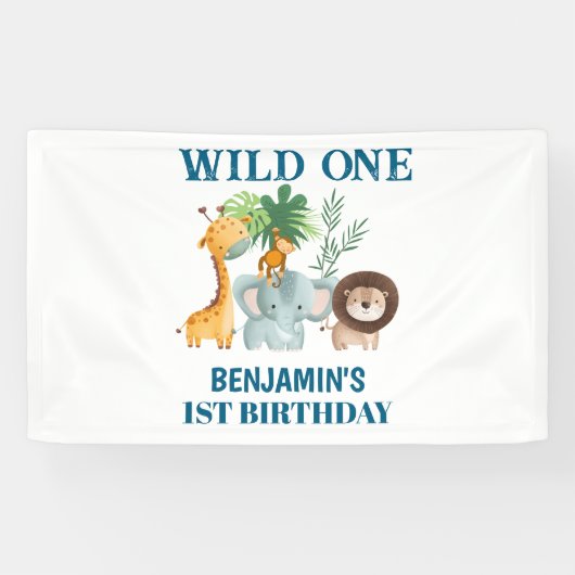Safari Animals Wild One Jungle 1st Birthday Spandoek (Horizontaal)