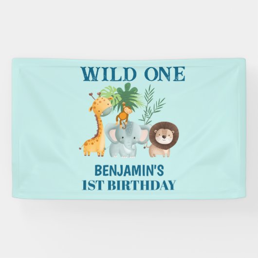 Safari Animals Wild One Jungle 1st Birthday Spandoek (Horizontaal)