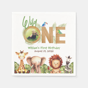 Safari Animals Wild One Photo Wood First Birthday Servet