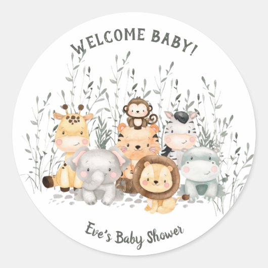 Safari Animaux Baby shower Classic Round Sticker (Devant)