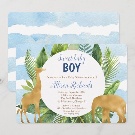 Safari animaux baby shower invitation garçon (Devant / Derrière)