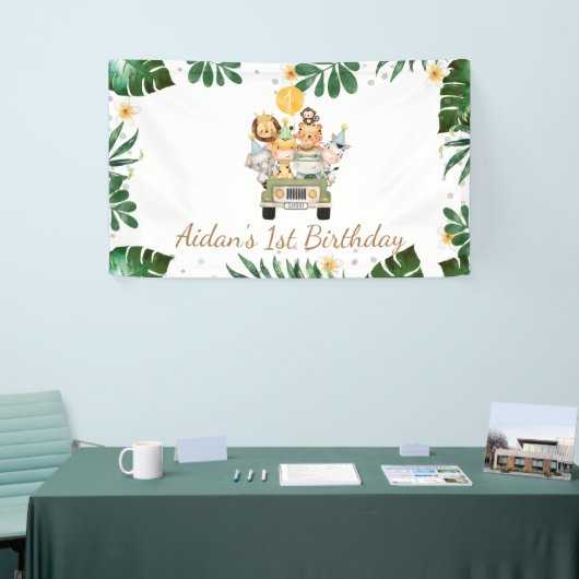 Safari Animaux Ballons Jaunes Bannière d'anniversa (Salon professionnel)