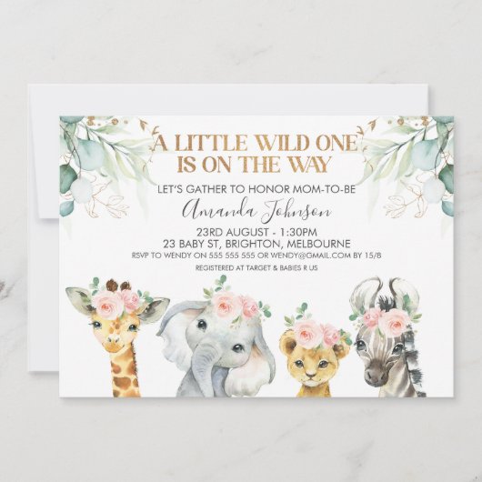 Safari Animaux Gold Foliage Baby shower Invitation (Devant)