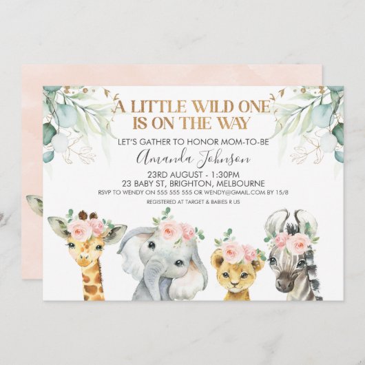 Safari Animaux Gold Foliage Baby shower Invitation (Devant / Derrière)