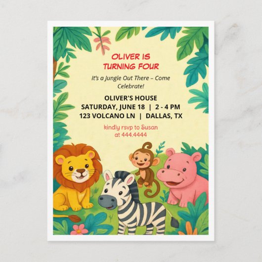 Safari Animaux Invitation Anniversaire Carte posta (Devant)