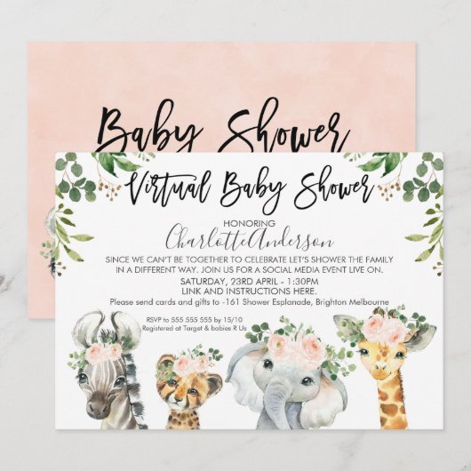 Safari Animaux Invitation Baby shower virtuel (Devant / Derrière)