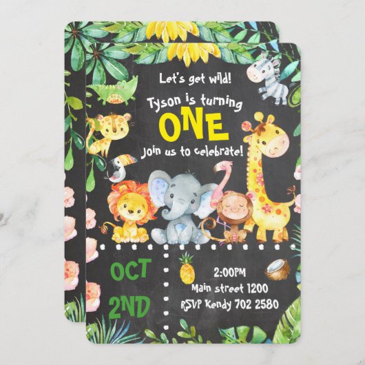Safari Animaux Invitation Jungle Anniversaire ZOO (Devant / Derrière)