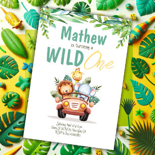 Safari Auto Wild One Boy Verjaardag uitnodiging
