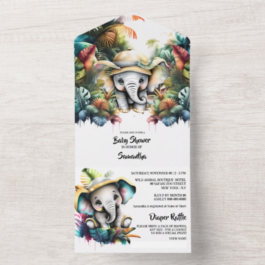 Safari avontuur schattig olifant oerwoud groen all in one uitnodiging (Binnen)