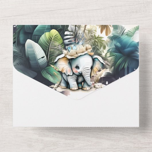 Safari avontuur schattig olifant oerwoud groen all in one uitnodiging (Achterkant)