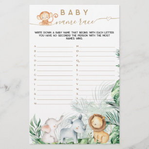 Safari Baby Animal Greenery Baby name race game